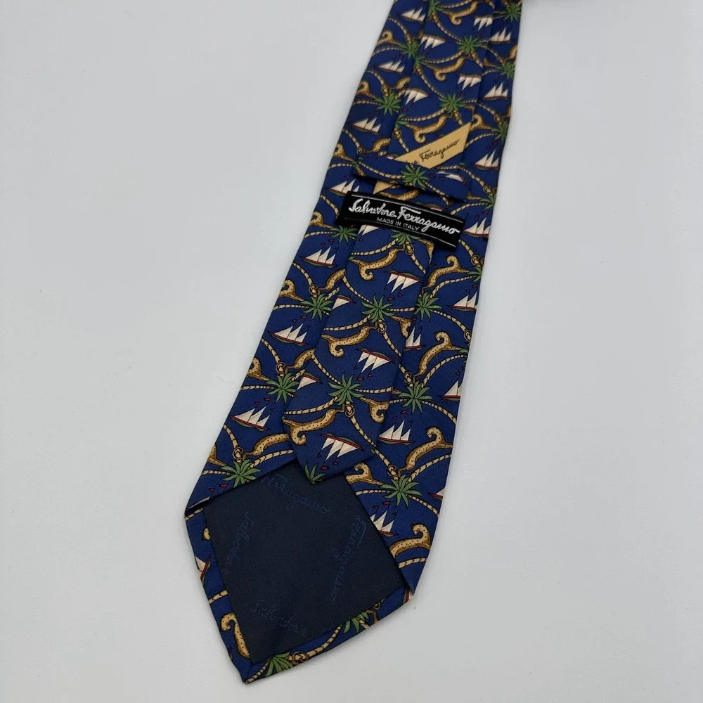 Salvatore Ferragamo Mens Silk Tie Blue Nautical Palm Tree Sailboat Made in Italy